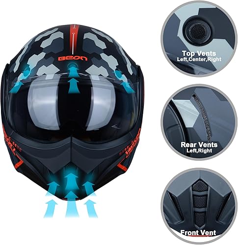 Miniatura 4 de BEON Casco de motocicleta de cara completa, aprobado por DOT, protector de barbilla reversible de 180 con doble visera antivaho y ranuras para
