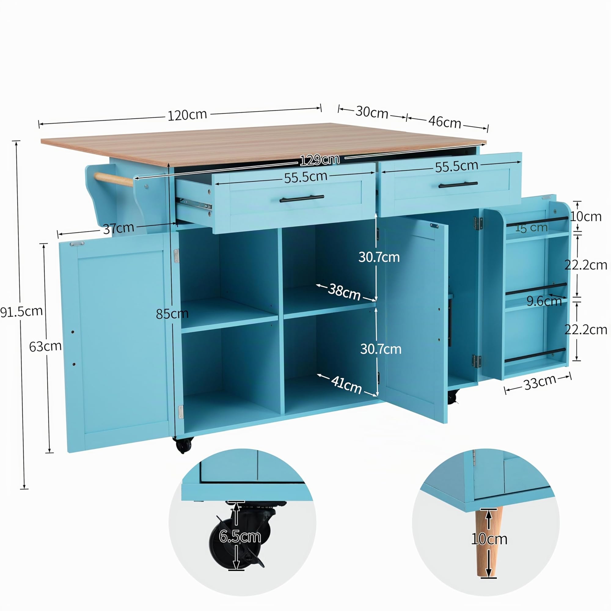soges Carrello da cucina con ruote, multifunzione, blu, MDF, blu dipinto, 129cm x 76cm x 91,5cm