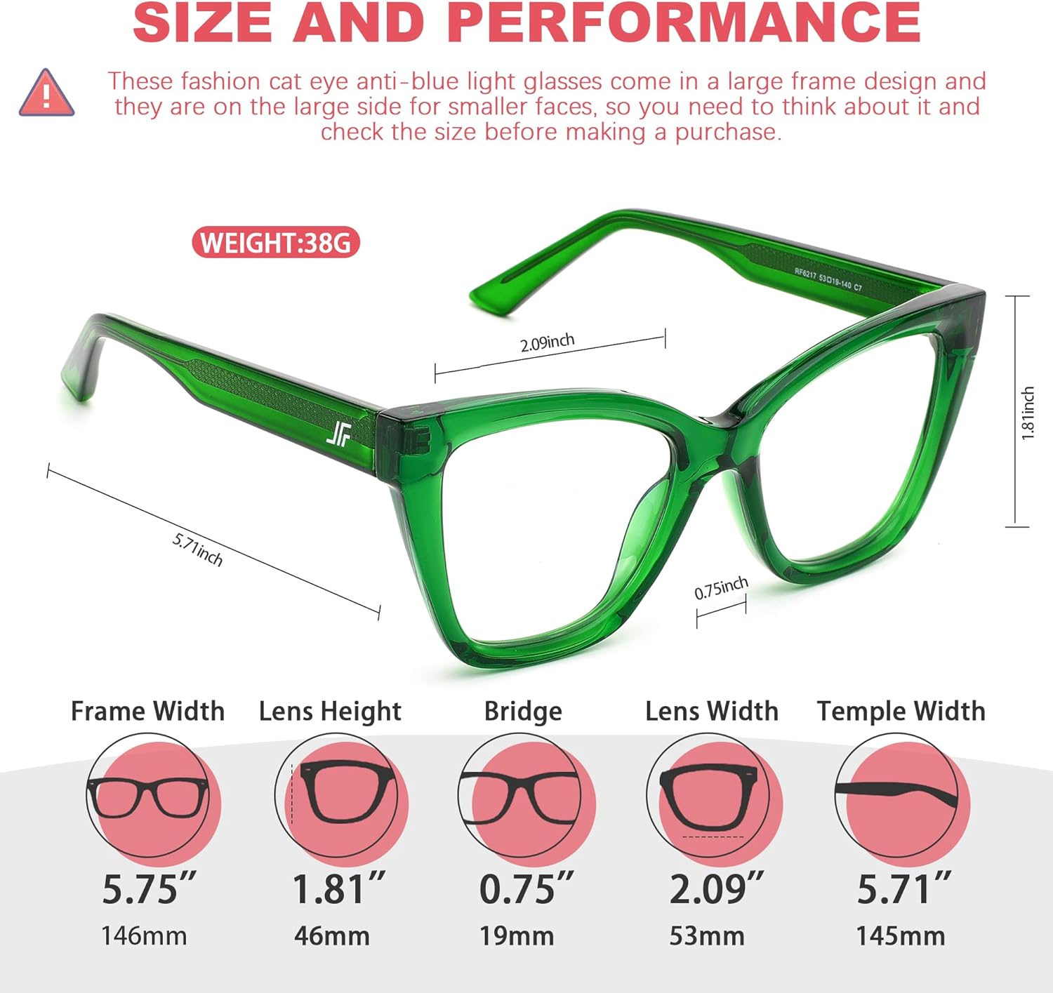 Women's Oversized Blue Light Blocking Glasses, Cat Eye Computer Gaming Glasses Anti Eyestrain & UV Glare RF6217 (Basil Green Cateye Frame) - Image 3