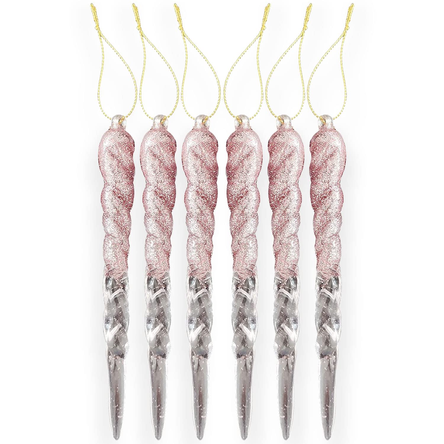AKH® 13CM / 5" Christmas Hanging Icicles | Icicles Ornaments Bubbles Christmas Tree Decorations | Pack of 6 | Glitter Baubles Christmas Tree Icicle Decorations Hanging (Rose Gold)