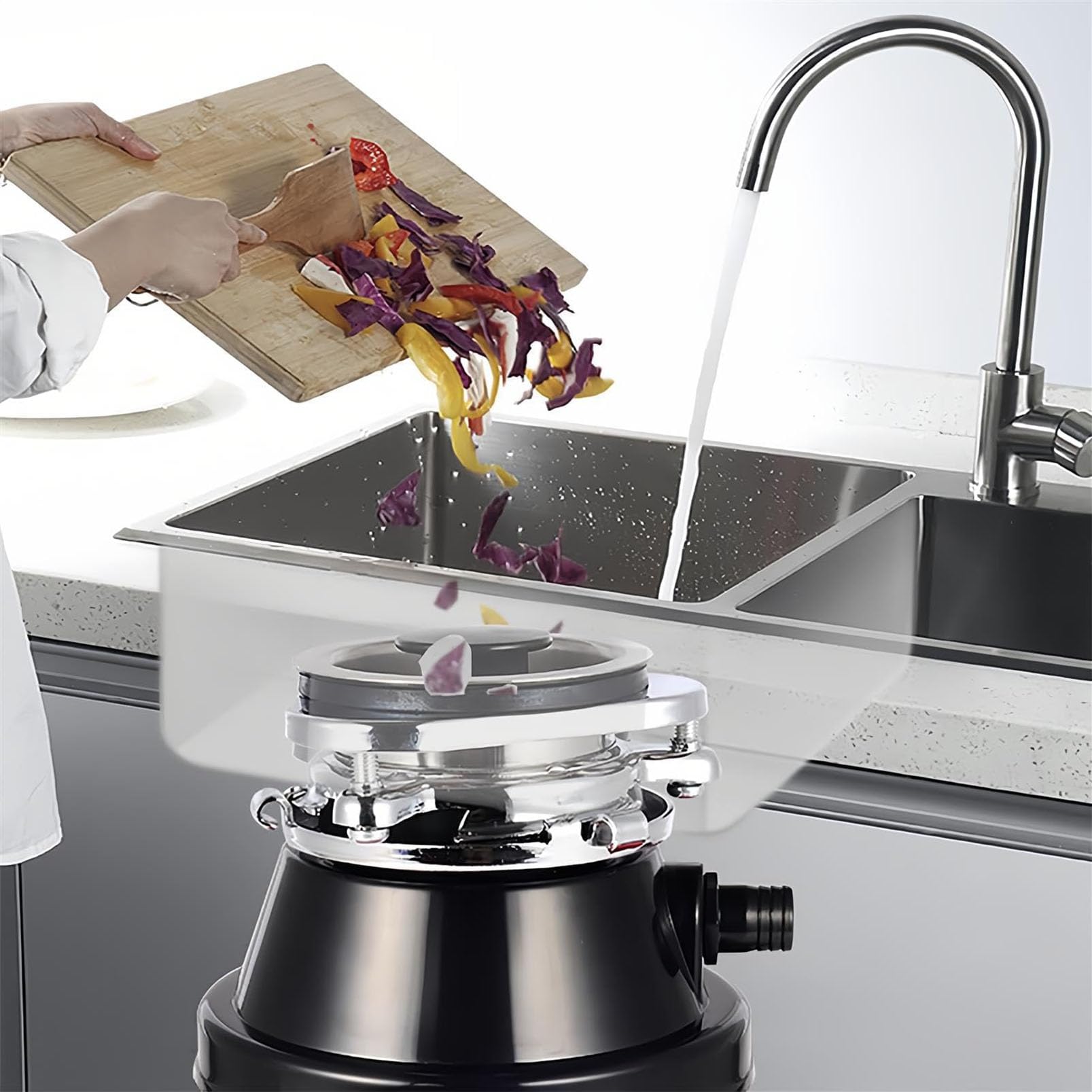 Triturador de Residuos de Alimentos, Unidad de Eliminación de Residuos de 1400 Ml Para Fregadero con Interruptor de Aire, 3400 Rpm, Turboimpulso, Molienda de Acero Inoxidable de 4 Etapas