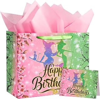 WRAPAHOLIC 33cm(13인치) 대형 생일 선물 가방, 카드 및 티슈 페이퍼 포함 - 베이비 샤워 및 생일용 스파크 핑크 그린 마녀 종이 가방