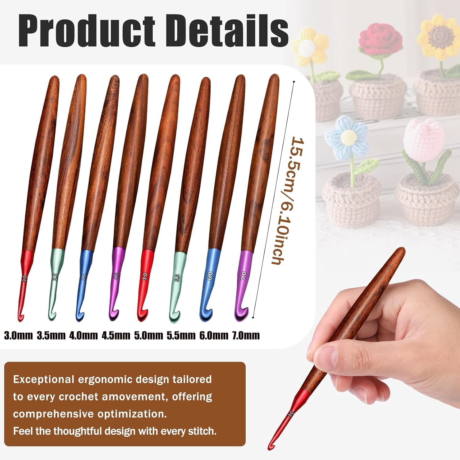 Giwrmu Crochet Hooks 8 PCS, 3mm-7mm Ergonomic Crochet Hook Set, Aluminum Crochet Hook with Wooden Handle for Arthritic Hands Knitted Gloves, Sweaters, Scarves and Blankets, Gifts for Mom