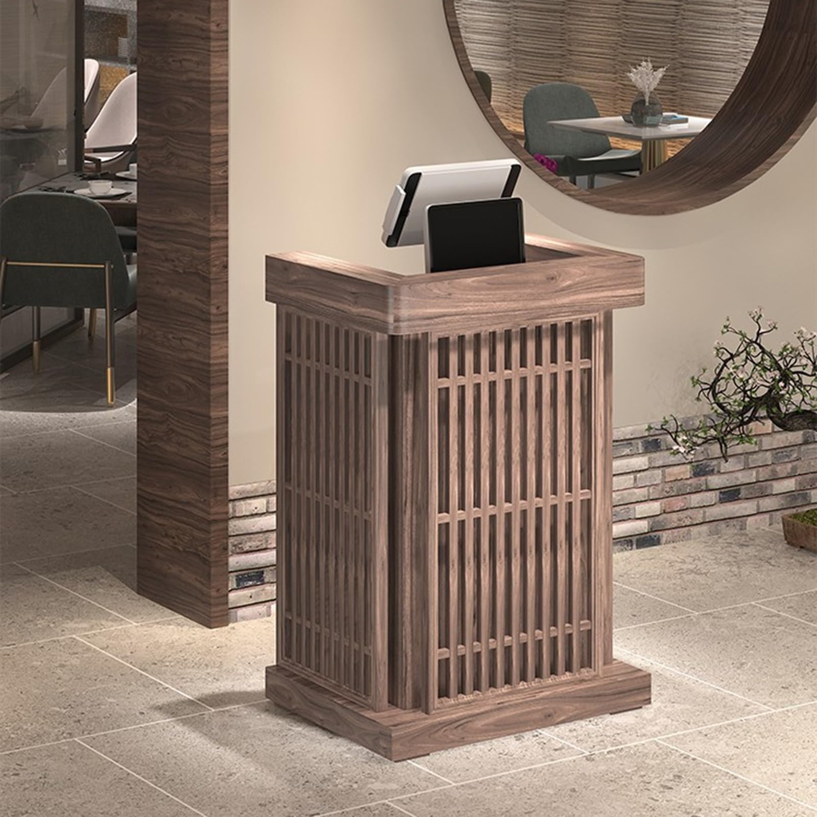 Generico Bancone Moderno per Negozi con mobiletto Contenitore, Elegante Tavolo Reception per Salone di Bellezza, Hall e Negozio, Finitura Marrone, 60x50x100 cm, Design f