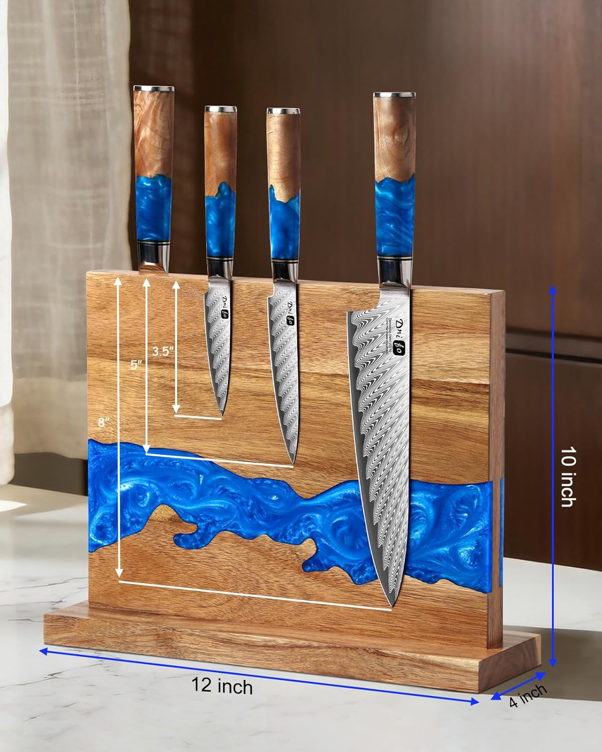Magnetic Knife Holder Block, Acacia Wood & Blue Resin Magnetic Storage Rack with Double-Sided Magnet & Non-Slip Pad (12 x 10 Inches, Without Knives)