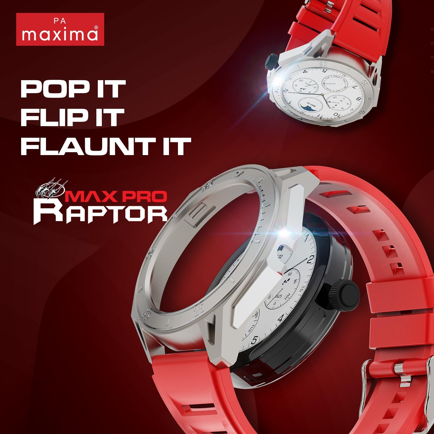 Maxima Raptor Smart Watch with Dual Case Proposition| Advanced Bluetooth Calling| 360x360 px Resolution| 650 Nits| Inbuilt Compass| Voice Assistant| 10 Days Battery Life| Rotating Crown Smartwatch