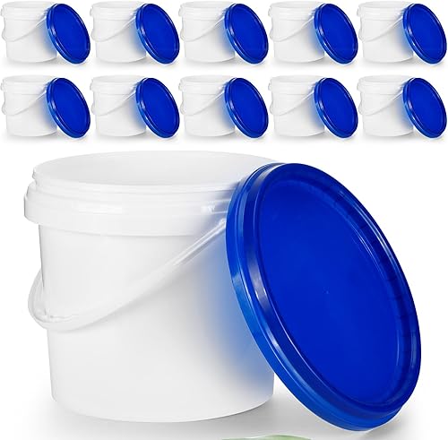 Miniatura 8 de Gerrii Paquete de 10 cubos de plástico blanco con asa y tapa, contenedores de almacenamiento de alimentos, cubo multiusos para pintura, agua,