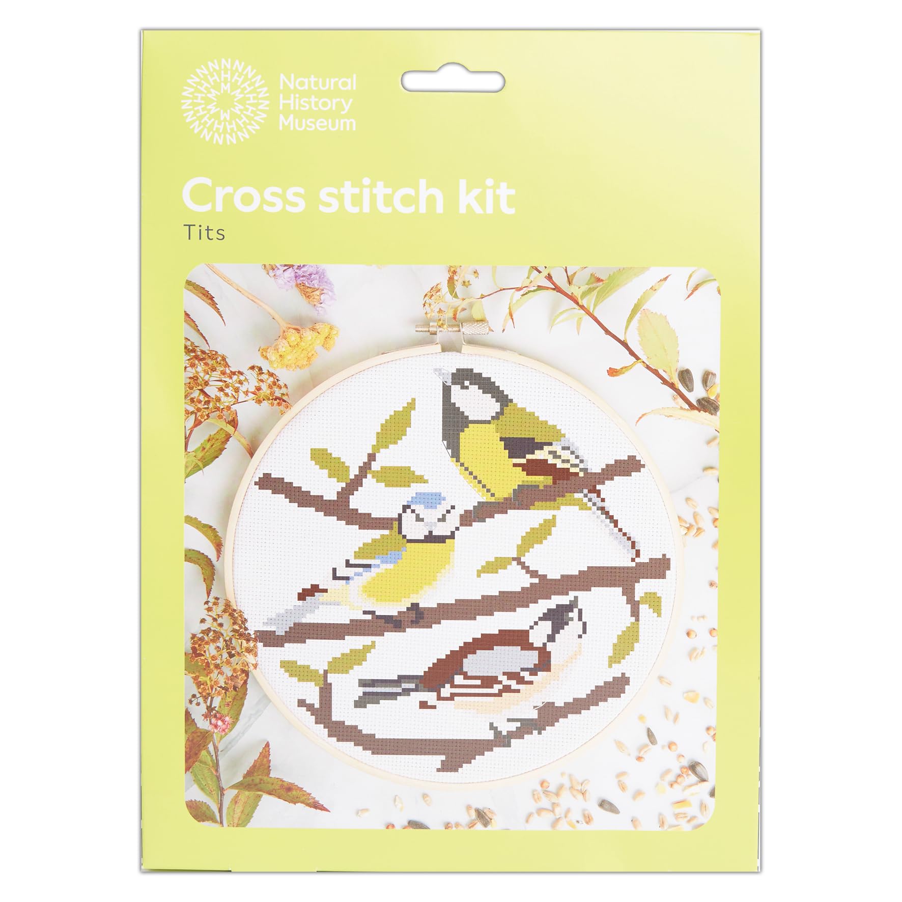 NHM Natural History Museum Cross Stitch Kit, Tits Design, 14 cm Embroidery Kits for Adults, Cross Stitch Kits for Adults Beginners, Gift Idea, with Embroidery Patterns, Embroidery Set