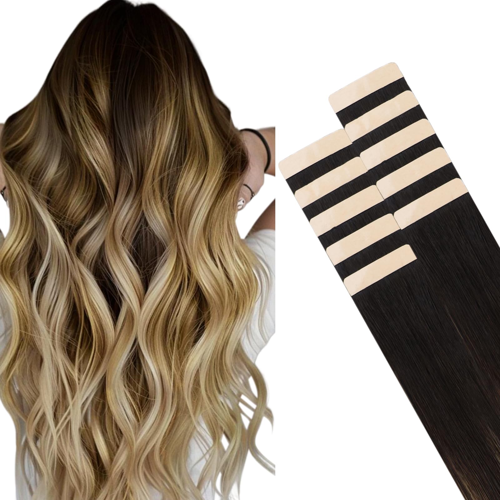 HOTBANANA Tape in Hair Extensions, 18 Inch 10pcs 25g Balayage Dark Brown to Light Brown and Ash Blonde Human Hair, Straight Tape in Extensions
