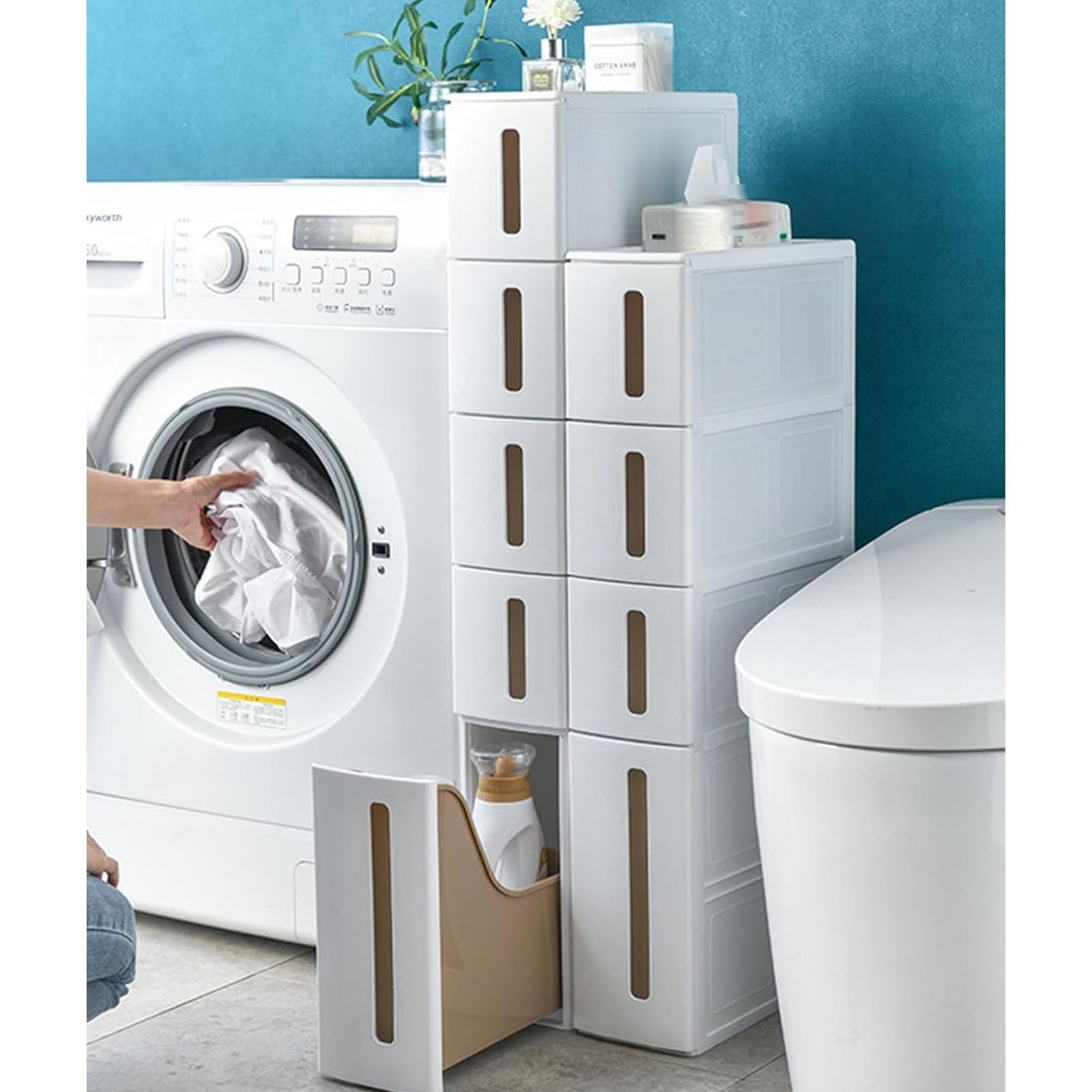 Fodalob Tour de Rangement, Colonne de Cuisine étroite, étagère en Plastique de Rangement for Commode Verticale à 3/4/5 Niveaux avec tiroirs for Petit Espace, Gain de Place(4-Tiers)