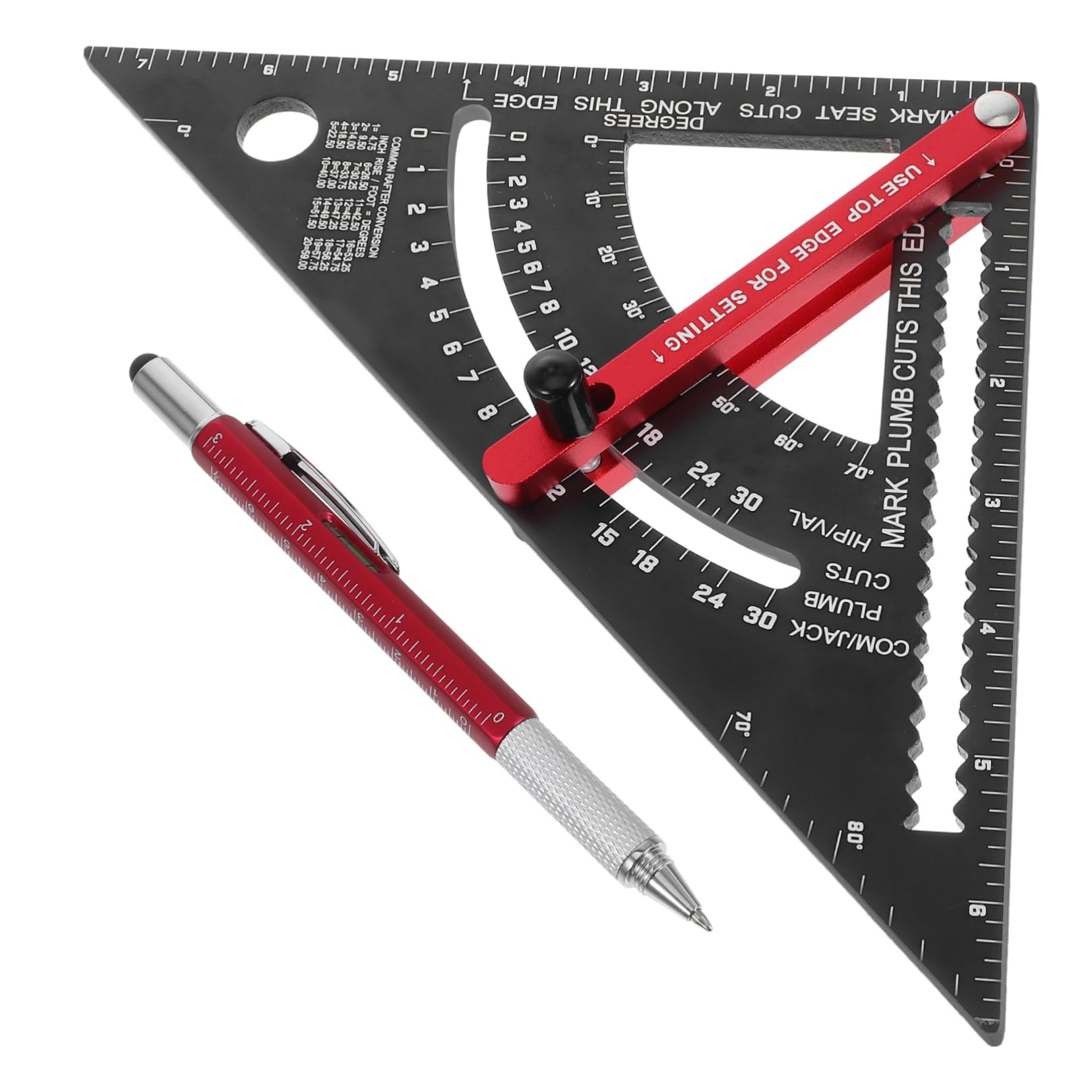Kit Riga Squadra e Goniometro Regolabile in Lega di Alluminio Rosso | 2 Pezzi con Penna per Marcatura, Resistentea Deformazione E'usura, Decorazioni Scuola, Utilizzo Carpenteria