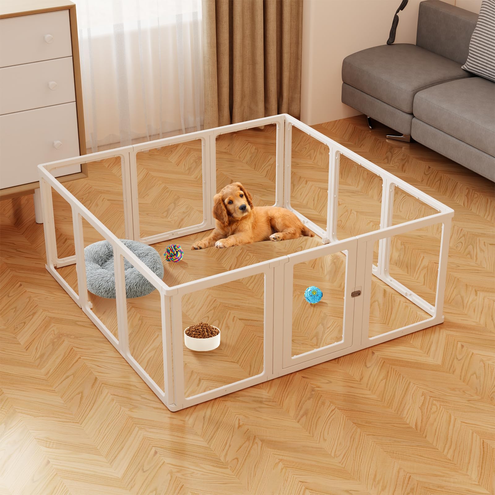 12PCS DIY Dog Playpen Transparent Acrylic Dog Playpen Indoor, Easy Assemble & Disassemble Clear Acrylic Playpen for Dogs, Acrylic Dog Pen with Gate, 23.6