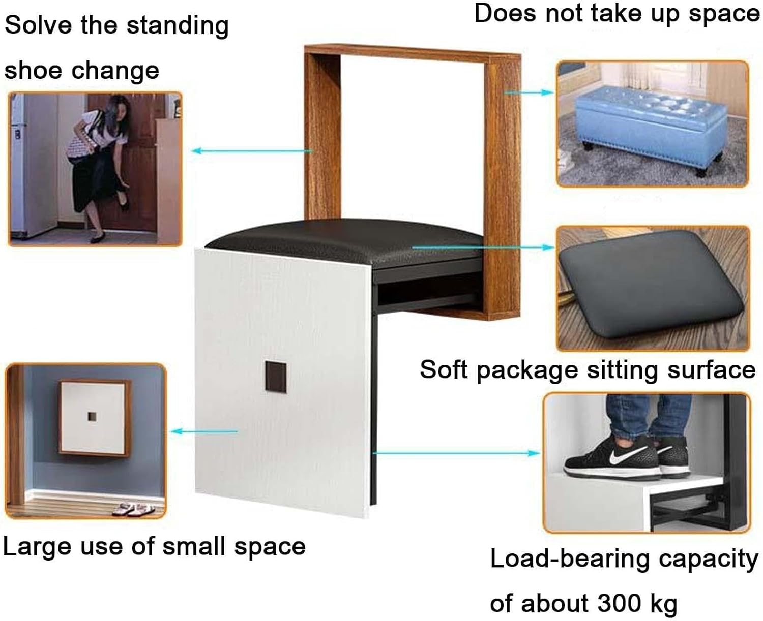 Folding Shower Seat, Wall-Mounted Bathroom Stool - Solid Wood Chair for Hall/Black