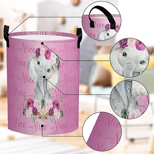 Miniatura 5 de Cesta de lavandería personalizada con nombre plegable con asa, para dormitorio, ropa, juguetes y decoración (elefante morado)