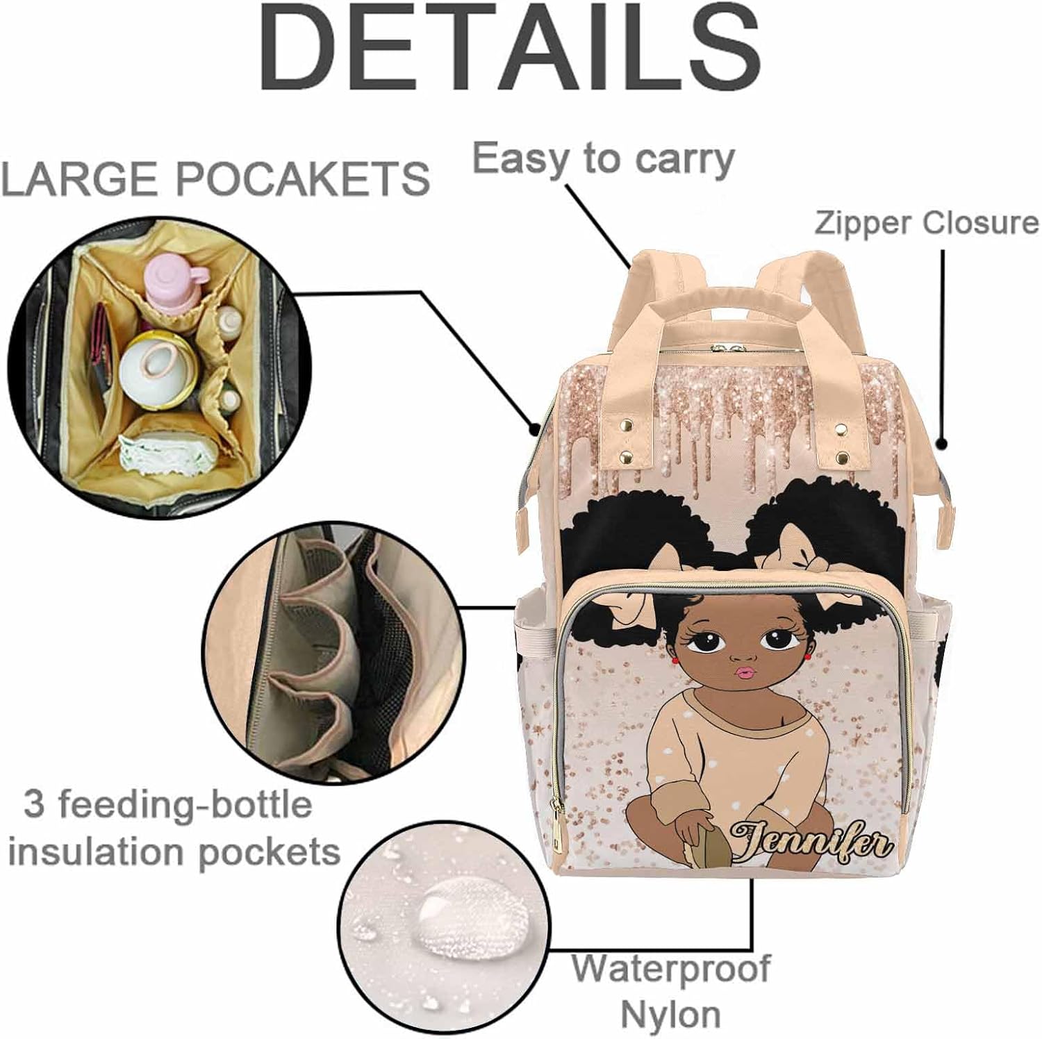 M YESCUSTOM Personalized Diaper Bag Backpack, Women Custom Diaper Bag with Name Portable Travel Nappy Bag Orange Mommy Bags New Born Gift for Women Mom