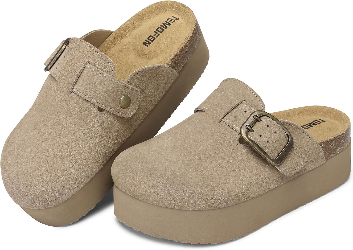 TEMOFON Genuine Suede Clogs for Women: Comfortable Leather Platform Mules & Clogs for Women Footwear - Cork Footbed Closed Toe Sandals Potato Shoes - Image 6