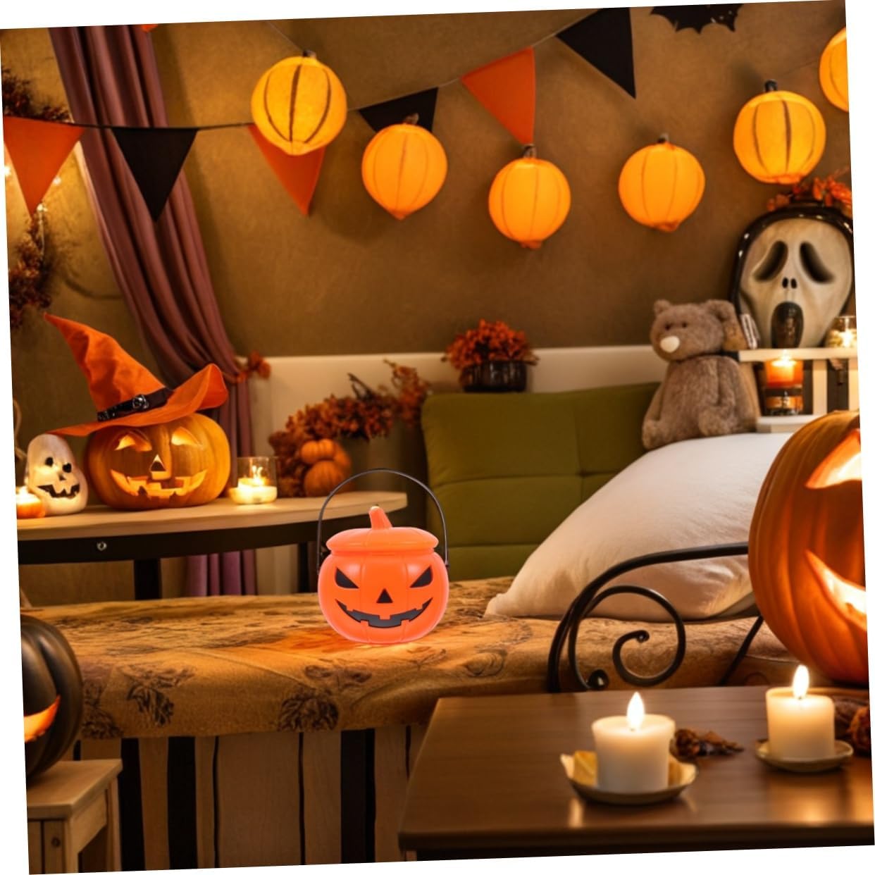 Alipis Halloween Pumpkin Candy Pail Plastic Light and Sound Bucket for Kids