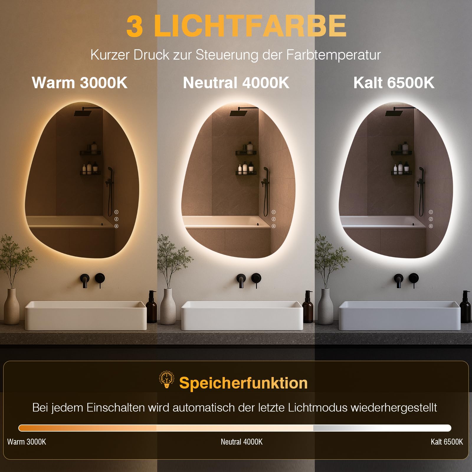 Miroir de salle de bain LED asymétrique avec éclairage 75 x 55 cm, anti-buée, 3 couleurs de lumière, réglable, avec éclairage, intensité variable, avec fonction mémoire, économie d'énergie
