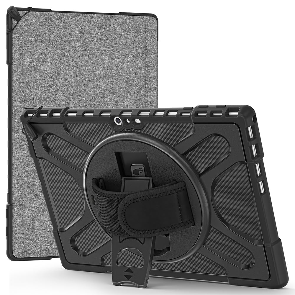 Amzer Microsoft Surface Pro 4/5 / 6/7 Case 12.3 inch TUFFEN Shockproof Rugged Case for Surface Pro 4/5 / 6/7 with Rotating Hand Strap & Kickstand - Black