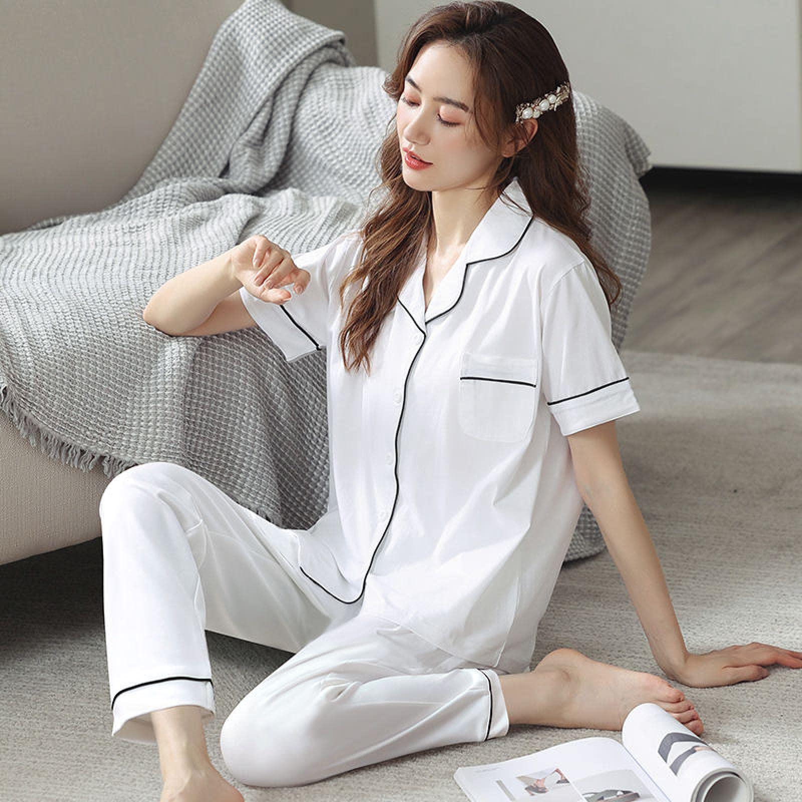 Un Pijama Cómodo Pijamas De Mujer Pijamas De Mujer Pijamas De Mujer Conjunto De Pijamas De Algodón 100% De Manga Corta Pijama De Dormir Cuna Pura,White-XXL