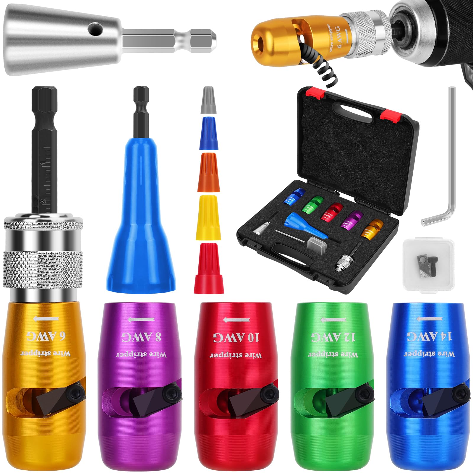 Makerfire Wire Stripper for Drill (US Regulations 14-12-10-8-6 AWG), Wire Twister tool for Drill, Drill Wire Stripper and Twister kit, Professional