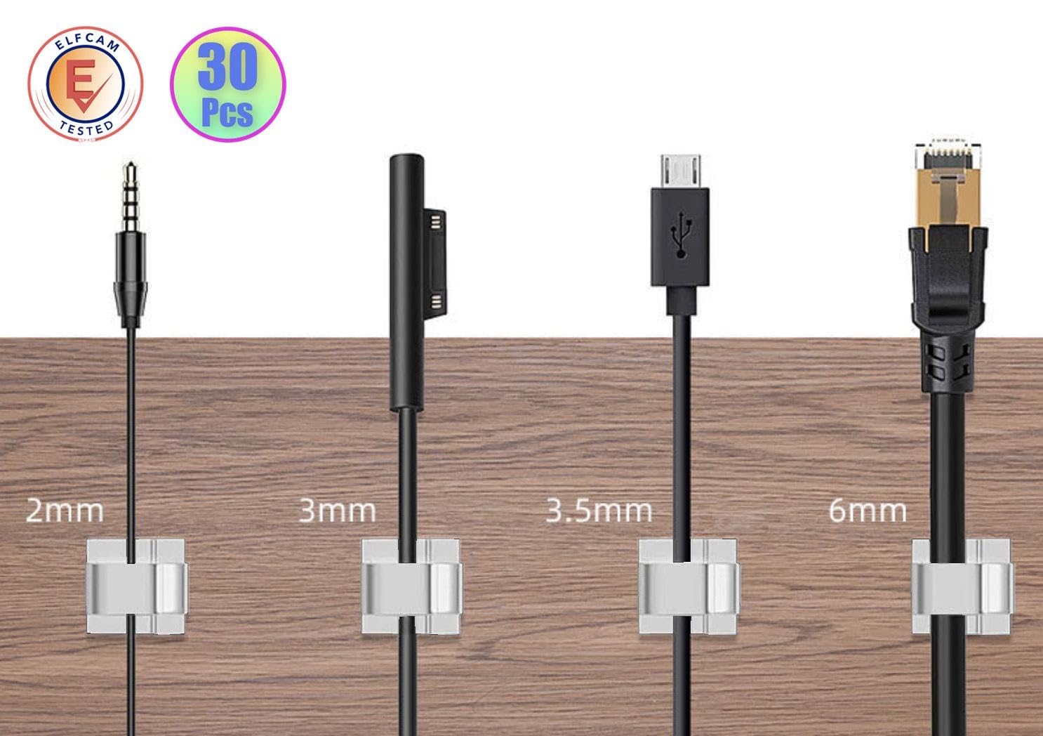 Elfcam® - 30 Piece Adhesive Cable Clips for Ethernet Network Cable Management, Cable Ties and Cords for Home or Office, White (Set of 30) — Amazon image 3