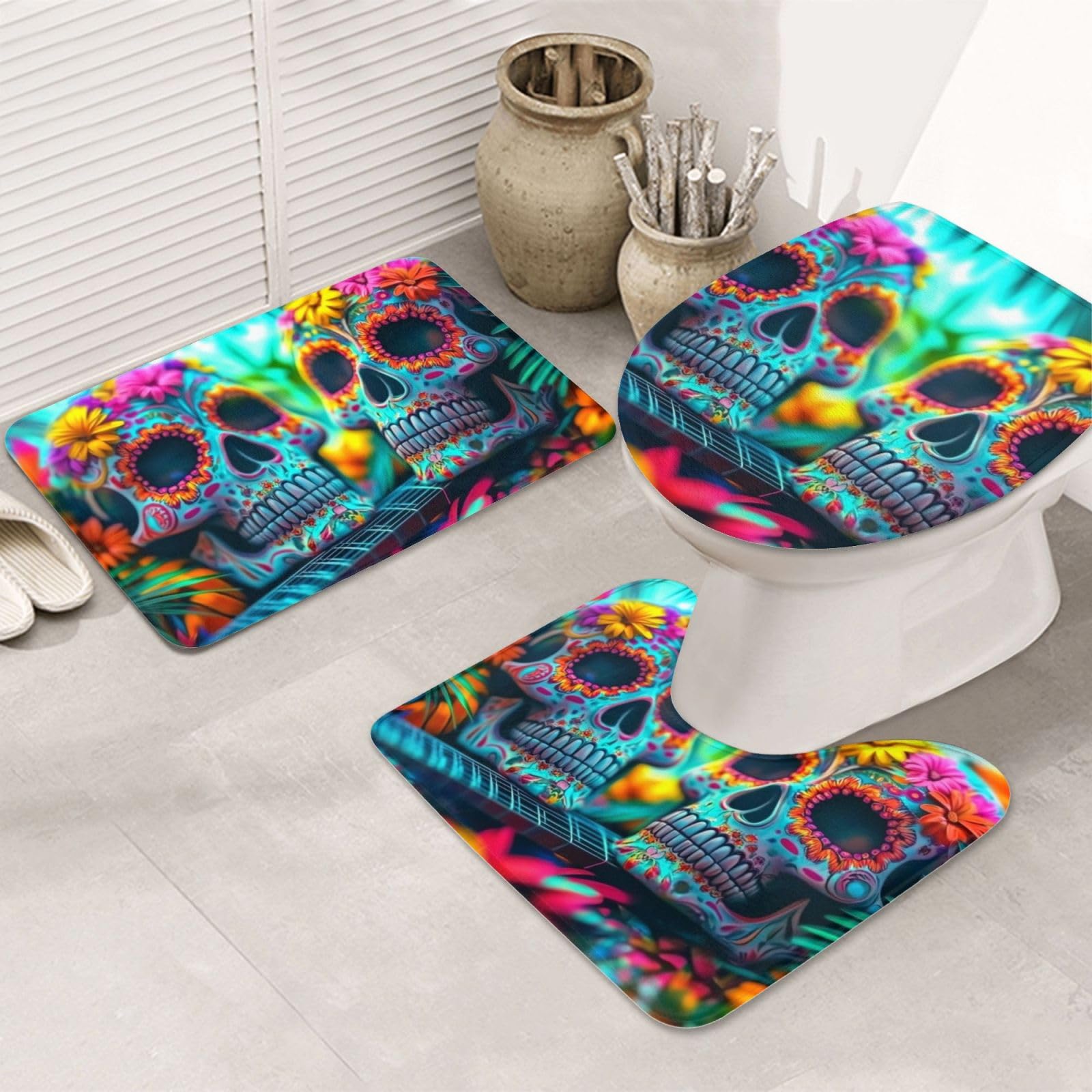 Alfombras de baño de calavera colorida: juego de 3 piezas de microfibra con alfombrilla y funda