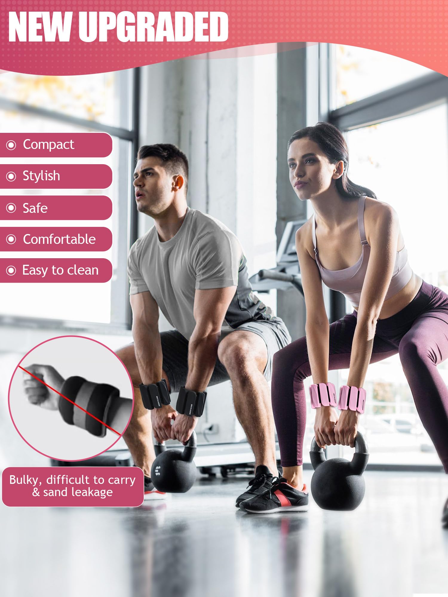 BECOJADDE Ankle Weights for Women Men Set of 2 (0.45 Kg Each) Adjustable Wrist Weights Bracelet for Home Gym Weighted Wristbands Leg Arm Weights for Walking Swimming Running Pilates Yoga Pink - Image 2
