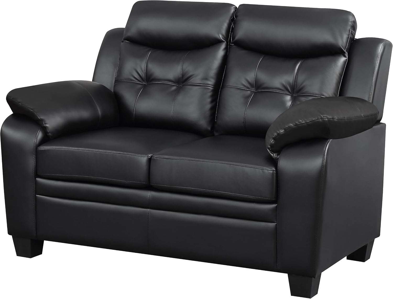 Pemberly Row Faux Leather Tufted Loveseat, Black Upholstered Finish, 57.5" W x 35" D x 40" H, Durable Frame, Kiln-Dried Hardwood, Plush Armrests, Modern Sofa for Small Space Living Rooms