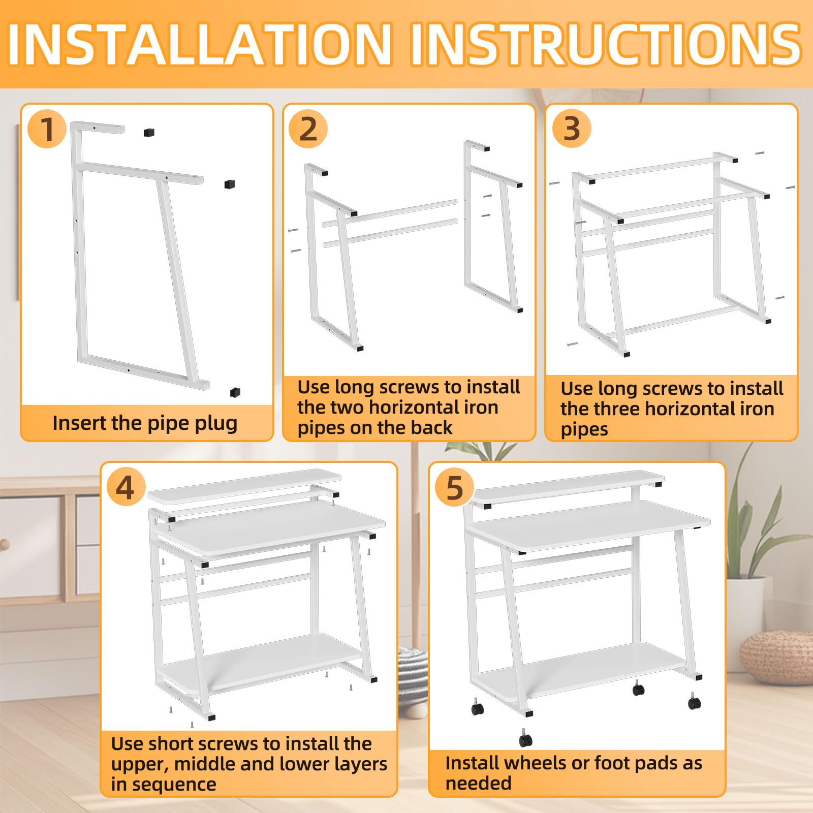 Mesa para Ordenador con 4 Ruedas Estación de Trabajo para Computadora con Estante Stable Escritorio en Forma de H Mesa para portátil Escritorio Pequeño para Oficina en Casa 80x50x90CM (Blanco)