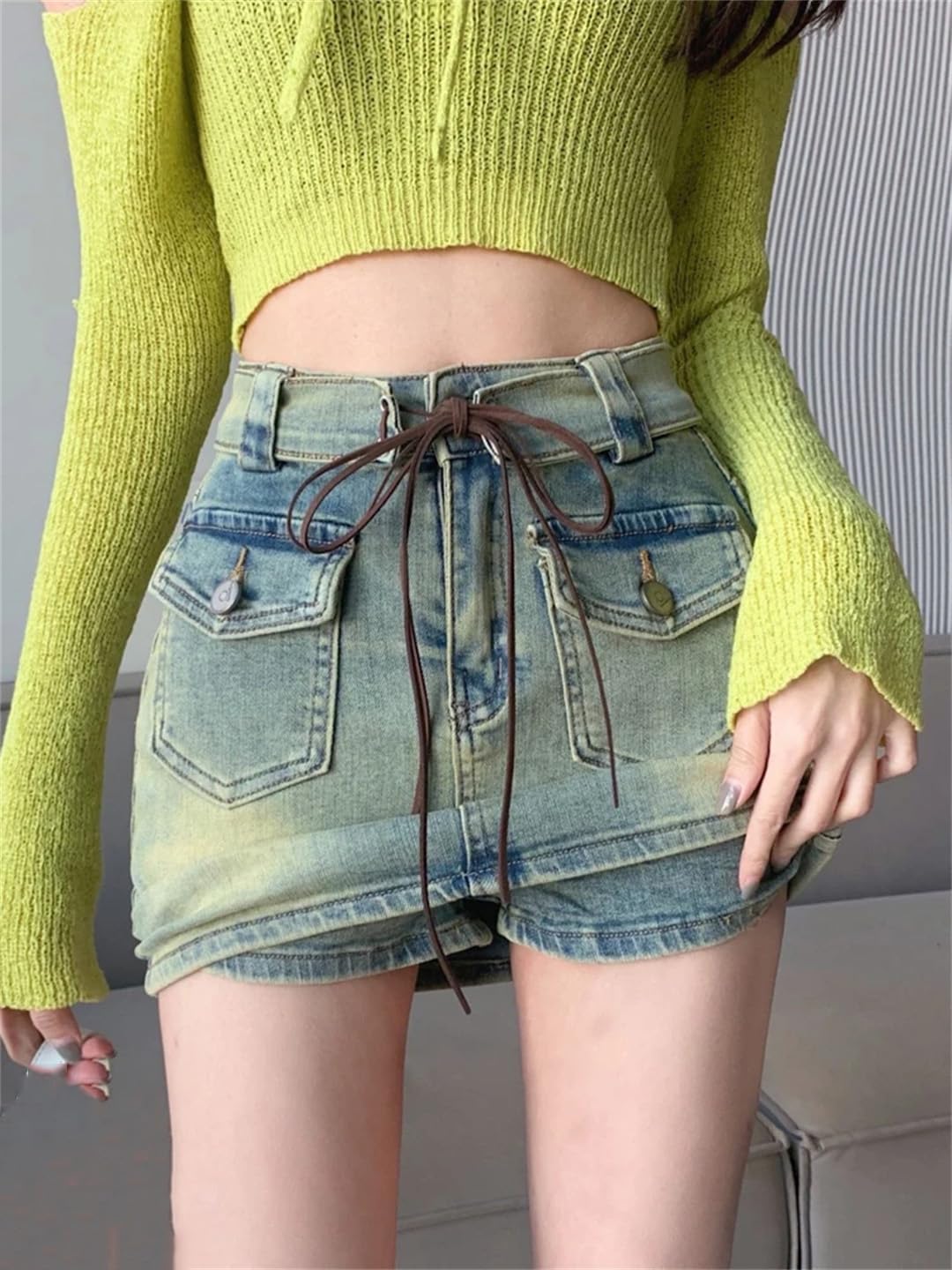 Minigonna vintage a vita alta da donna a trapezio in jeans