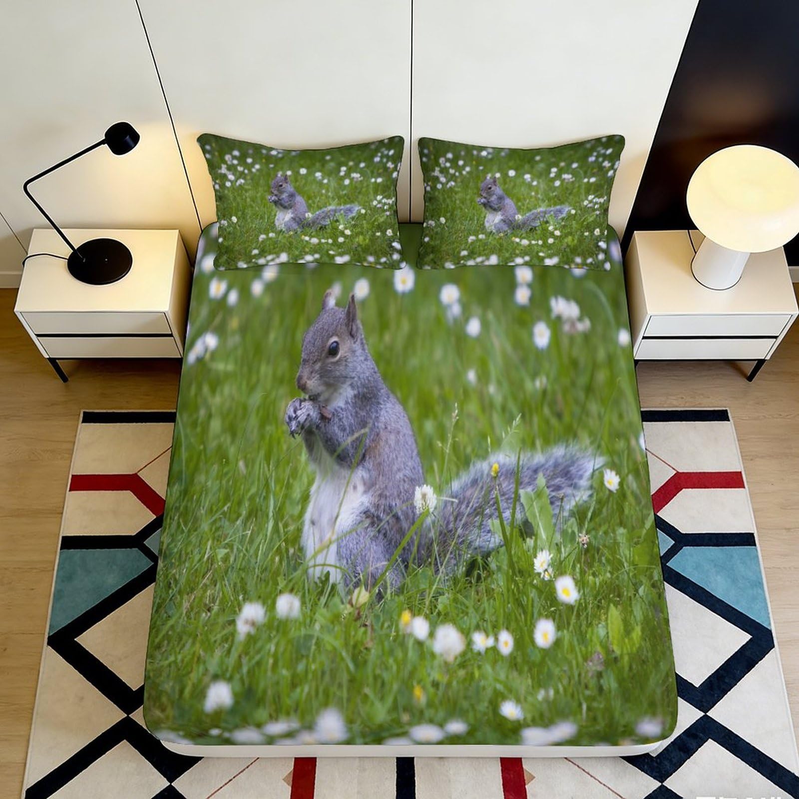3D Printed Squirrel Meadow Fitted Sheet Microfiber Soft Breathable Dandelion Mattress Cover Bedroom Decor 90x200x25cm