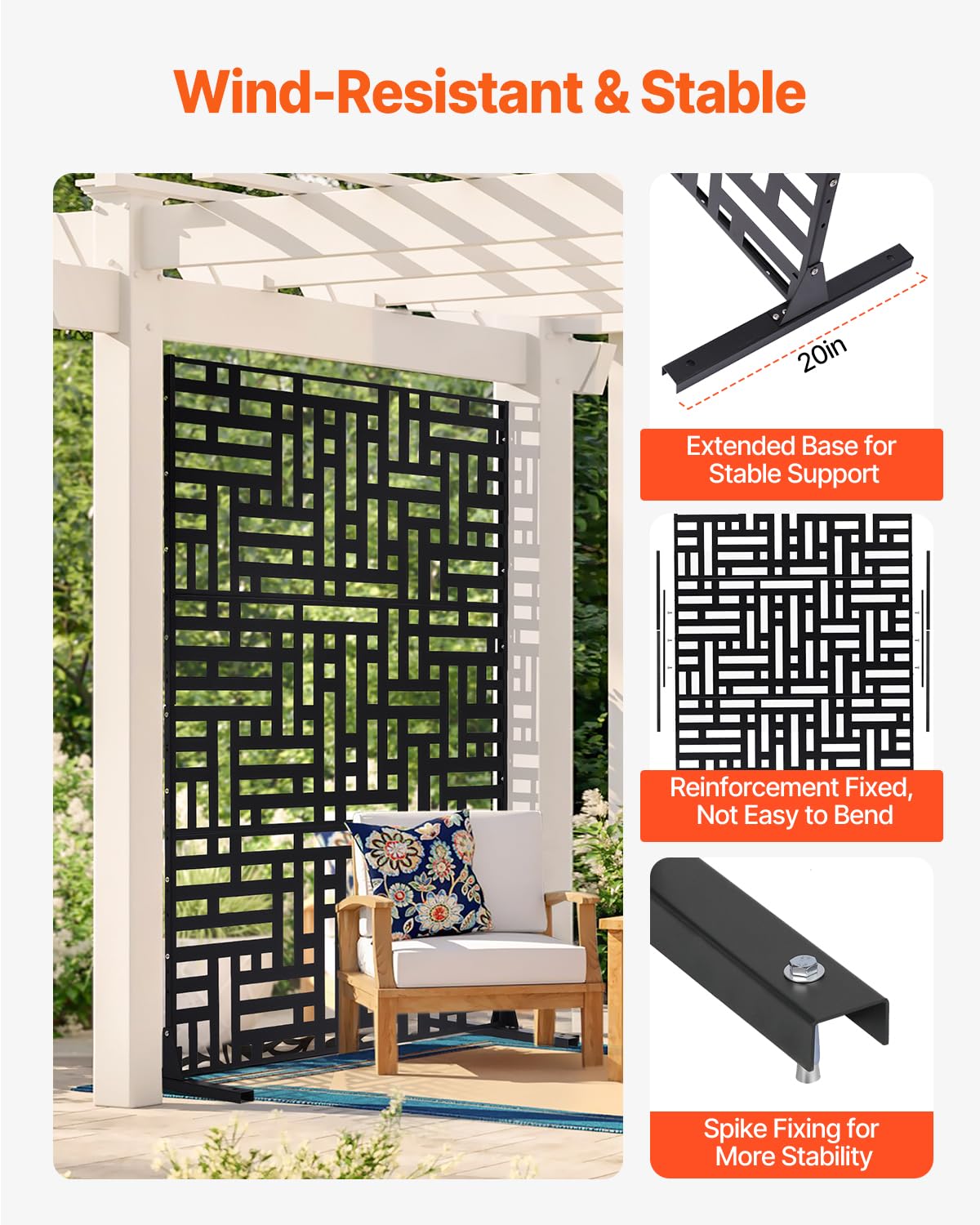 VEVOR Mampara de Privacidad de Metal de 120 x 50,8 x 193 cm con Soporte, Mamparas y Paneles de Privacidad Independiente para Exteriores de 3 Paneles para Jardín, Balcón, Patio, Habitación, Negro