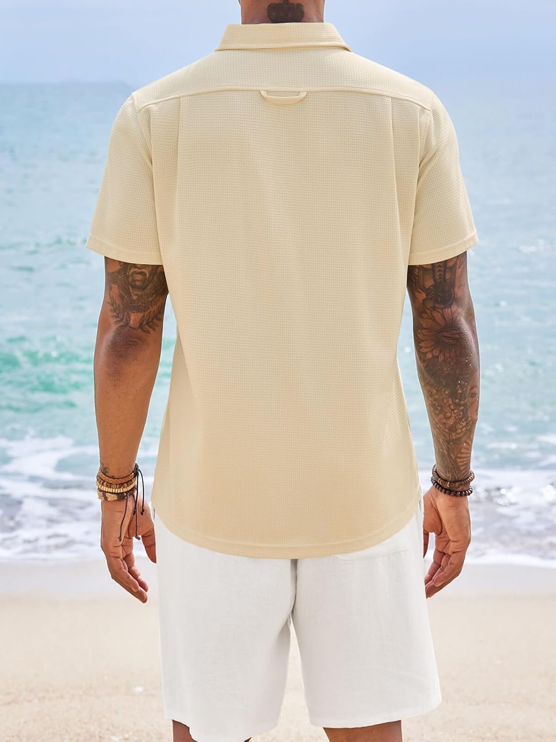 Yousify Mens Button Down Shirts Short Sleeve Waffle Knit Summer Casual Shirt Lightweight Beach Tops with Pocket - Image 4