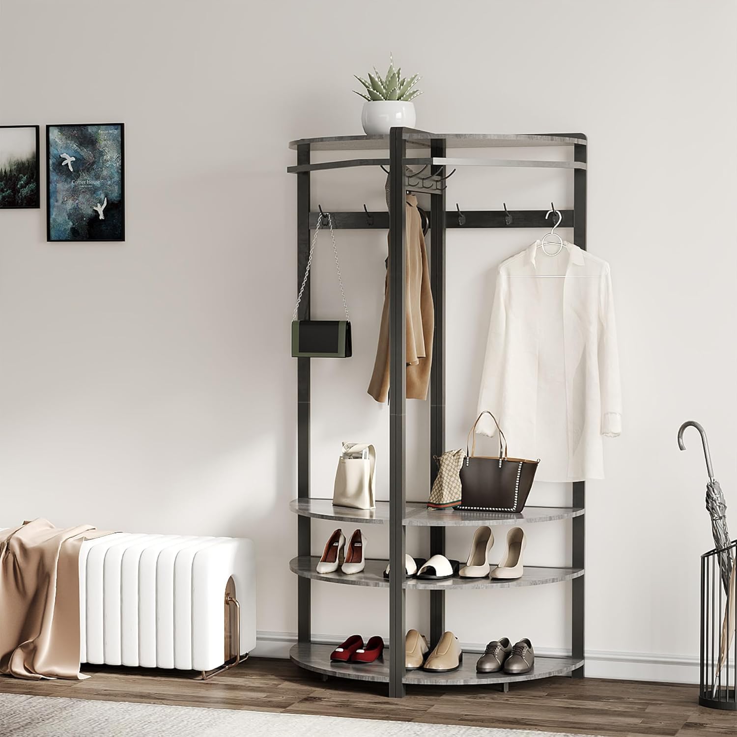 Garderobenständer Ecke, Eckgarderobe Metall mit 6 Doppelhaken/ Aufbewahrungsregal/ Schuhregal Offene Kleiderständer Flurregal Platzsparend Industrial Design für Flur Wohnzimmer Schlafzimmer Büro Grau