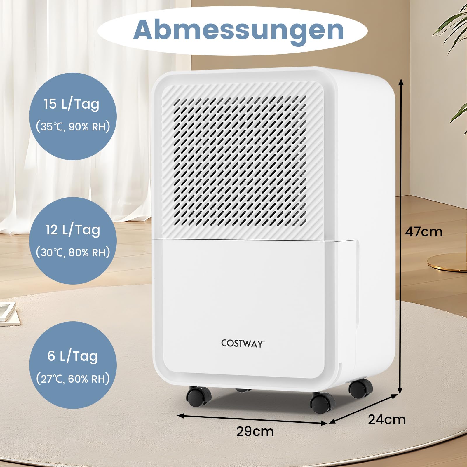 COSTWAY Elektryczny osuszacz powietrza 15 l/dzień, do pomieszczeń do 20 m², osuszacz powietrza z 4 trybami, wskaźnik LED, timer 24 h, funkcja rozmrażania