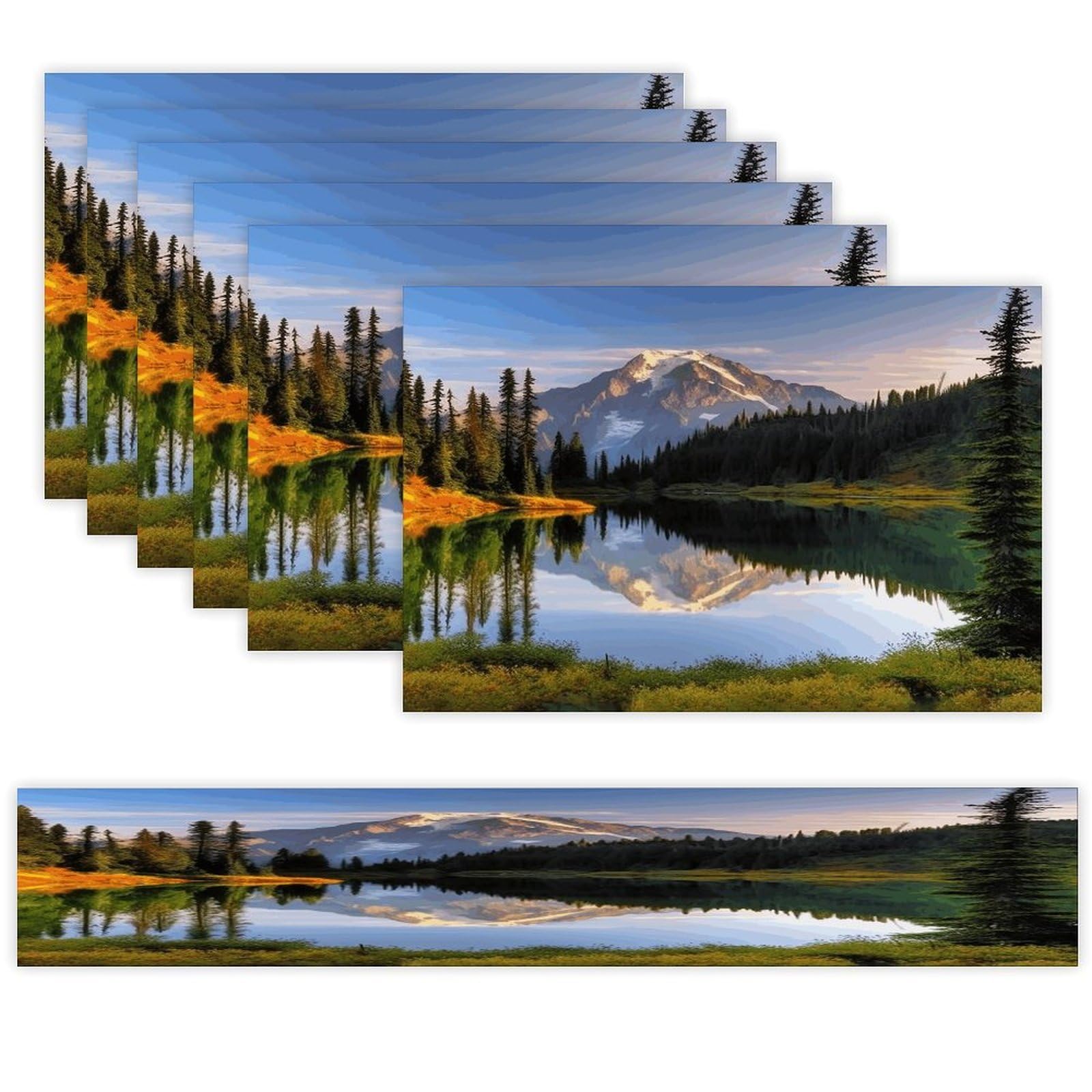 Mountain and Lake Pictures Table Runner and Placemats Set of 6 for Kitchen Washable Table Mats Heat Resistant Place Mats Non-Slip Place Mat Wipeable Placemat(6 Placemats+1 Table Runner)