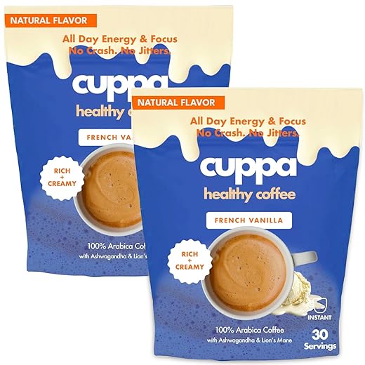 Cuppa French VanillaHealthy Mushroom Instant Coffee with Lion's Mane & Ashwagandha for All Day Energy & Focus - No Crash or Jitters - Nootropics for Brain Health, Gut Health, Immunity, Stress, Memory + Mood - 60 Servings