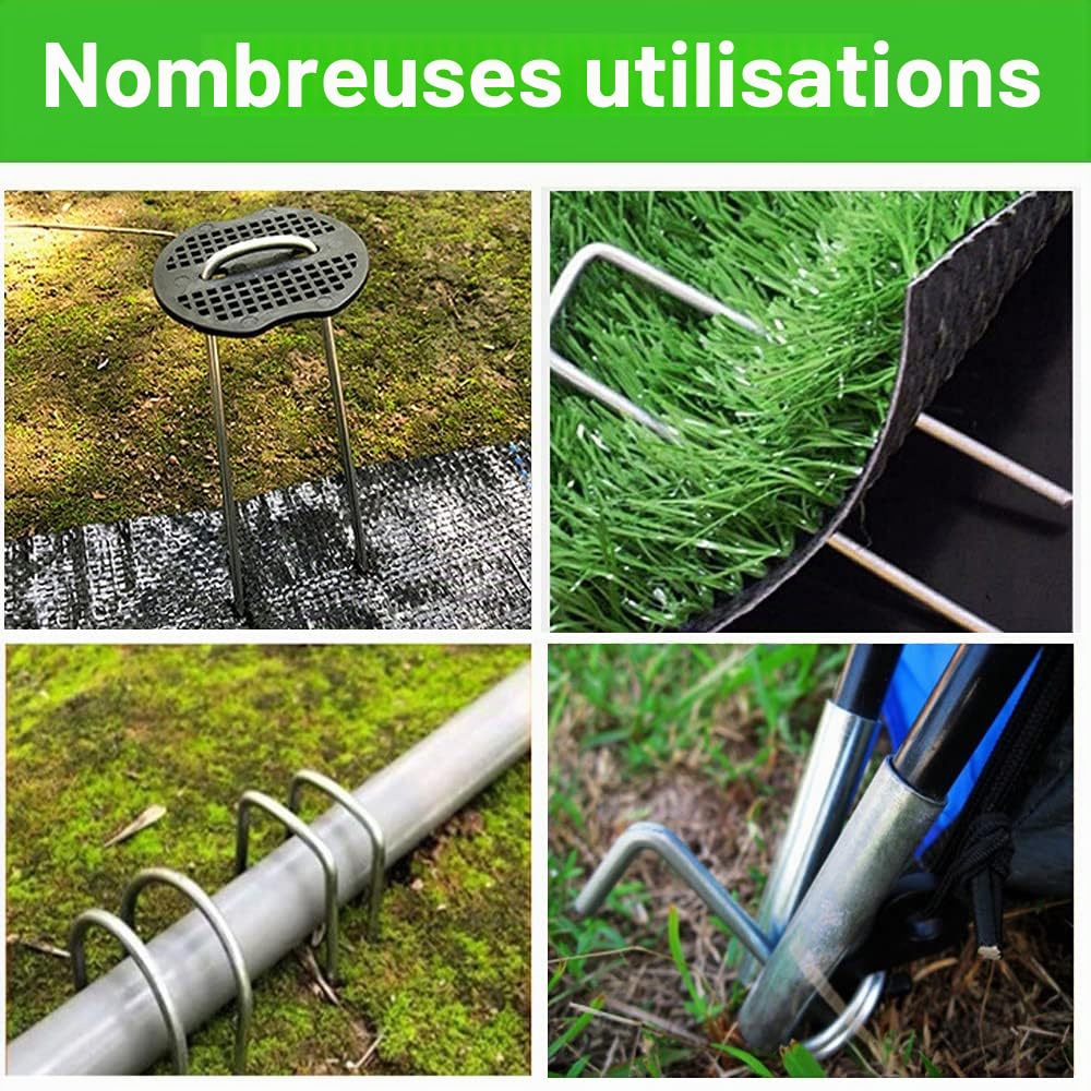 Bakulyor Lot de 100 piquets de jardin galvanisés de 15.2 cm pour pelouse et paysage, calibre 11, piquets de sol pour clôture de mauvaises herbes, agrafes robustes en forme de U, 15.2 cm