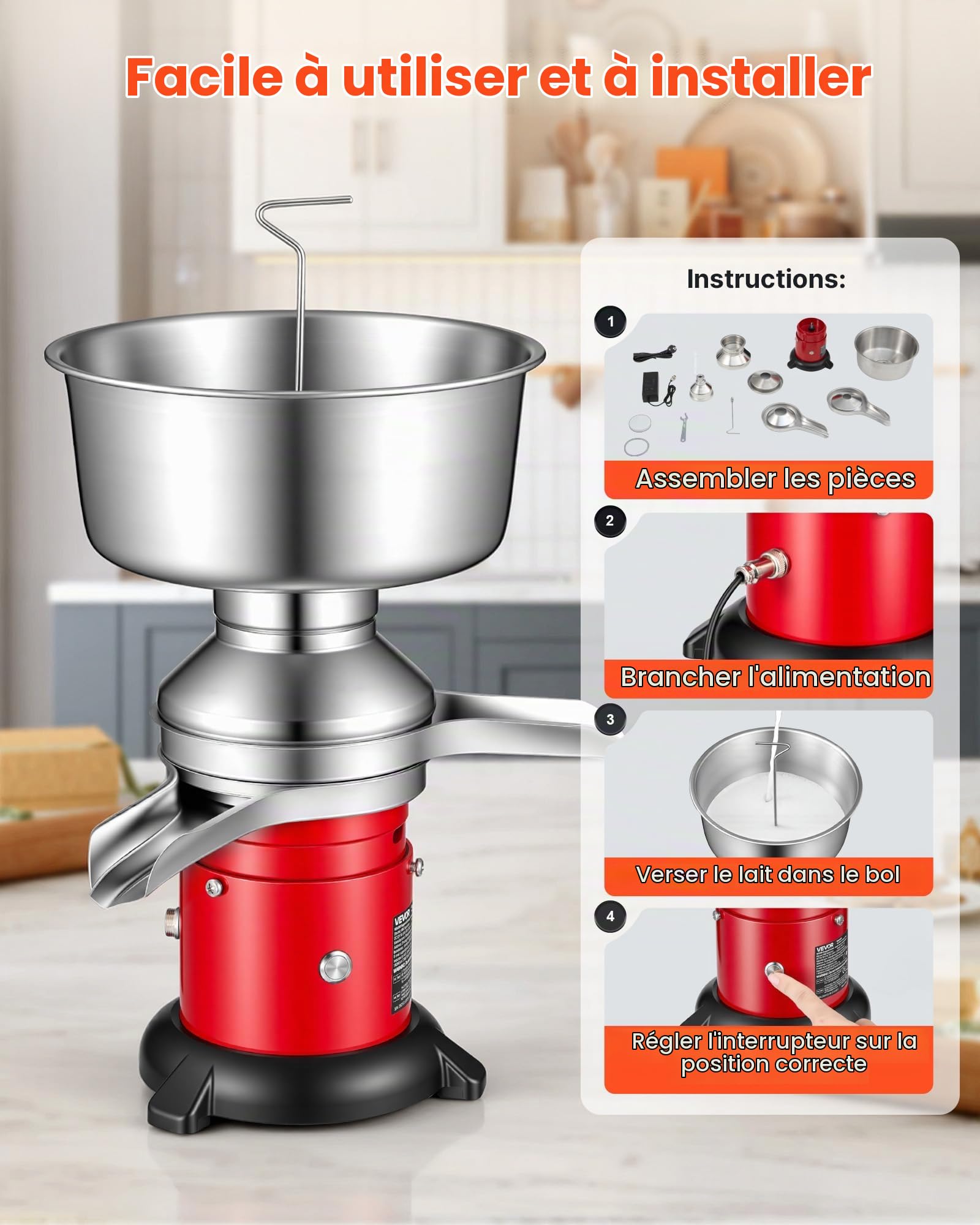VEVOR Écrémeuse Électrique 60 L/h, Centrifugeuse à Lait 40 W 10 500 tr/min, pour Crème Écrémée et Séparée Lait de Chèvre et de Vache Ferme, Séparateur Centrifuge de Crème en Inox 304, Bol de 4,5 L