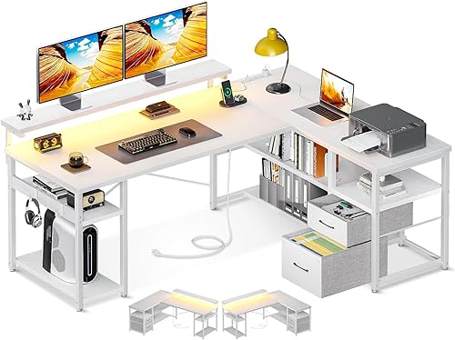 ODK Escritorio para juegos en forma de L con tomas de corriente y rayas LED, escritorio reversible para computadora con cajón de archivos,