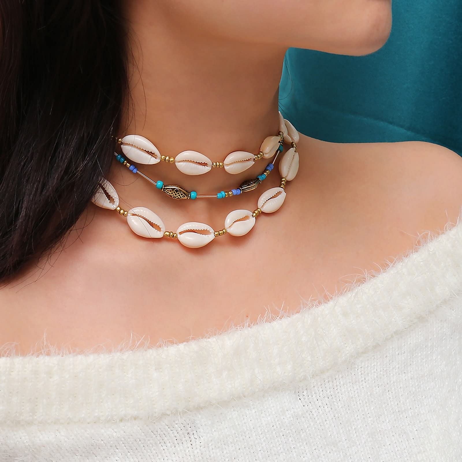 Collares largos de para mujer, capa de plata de 3 conchas y cuentas, collar ajustable para fiesta, aniversario, niñas