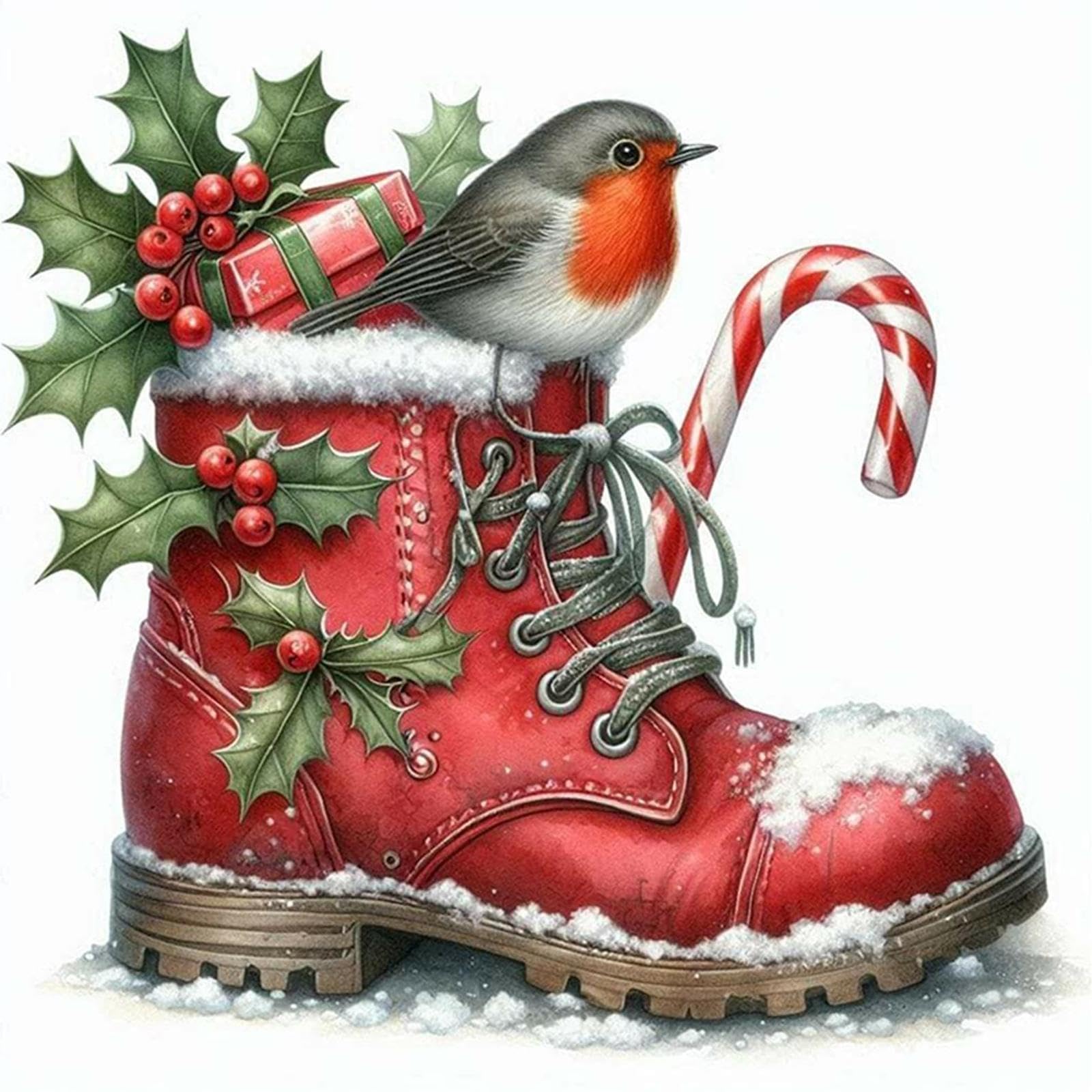 Christmas Boots Stamped Cross Stitch Kits For Adults Beginners,Christmas Boot Robin 11Ct Printed Diy Canvas Pattern, Easy Needlepoint Embroidery Kit Supplies, Home Wall Decor Art Craft Gift 15.75X15.75inch