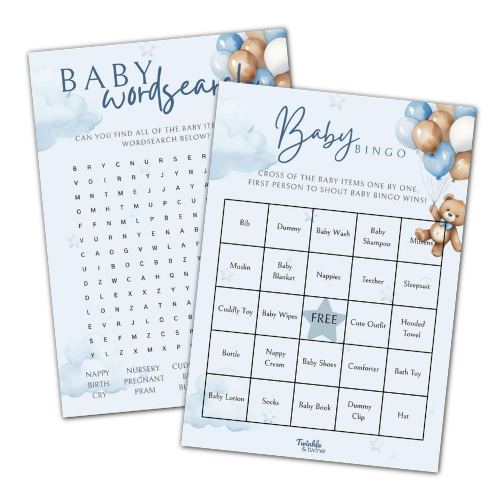Twinkle & Twine Blue Teddy Bear Baby Bingo & Wordsearch – 20 Pack