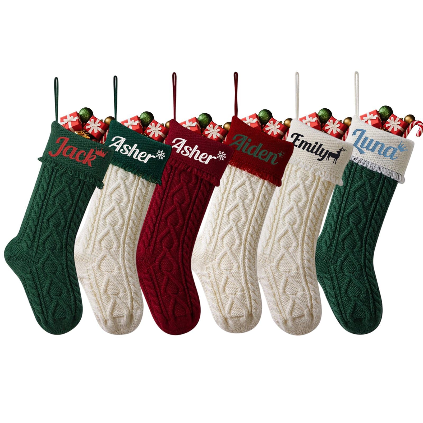Weihnachtsstrümpfe, bestickt, 45,7 cm, gestrickt, 45,7 cm, für Kamin, Treppe, Zuhause, Weihnachtsbaum, 9 Stück