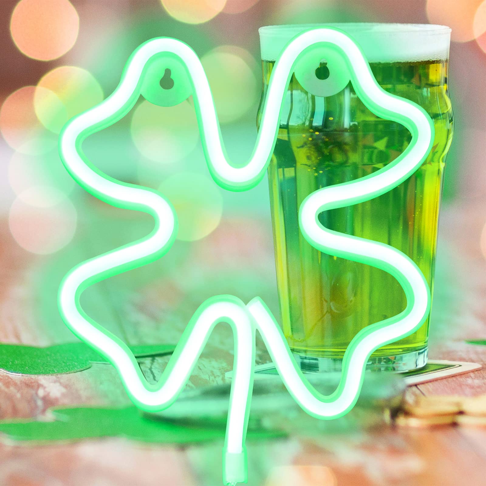2Pack Shamrock Lights LED Neon Signs for Wall Decor, St Patricks Day Decor Clover Light USB or Battery Powered Led Green Decor for Kids, Room, Office,St Patricks Day Party Decorations (Green)