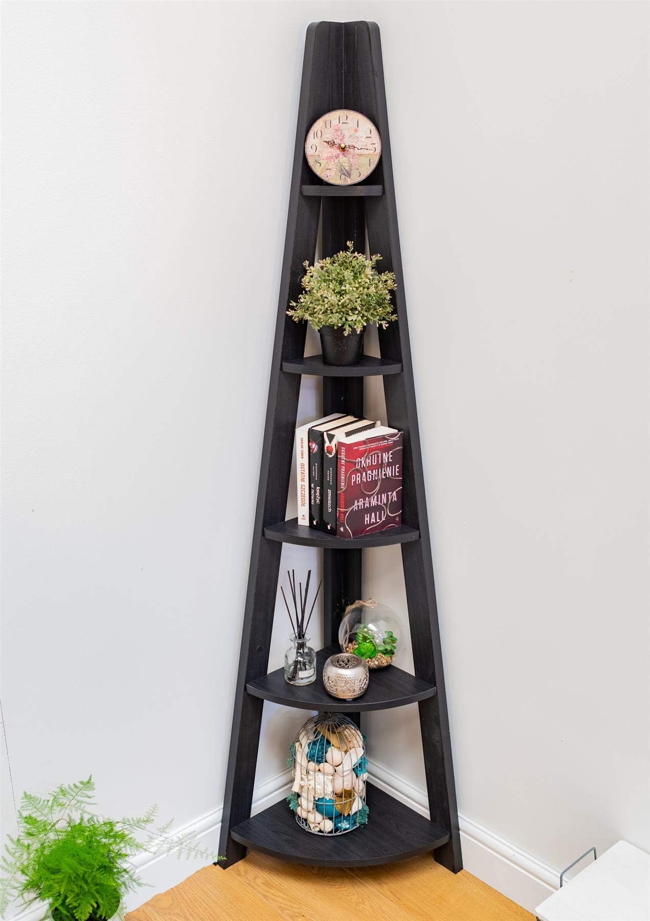 Timber Art Design Riva Scandinavian 5 Tier Retro Corner Ladder Bookcase - Stylish Black Freestanding Shelving Unit, Space-Saving Corner Display Shelf for Home & Office, Modern Ladder-Style Organizer