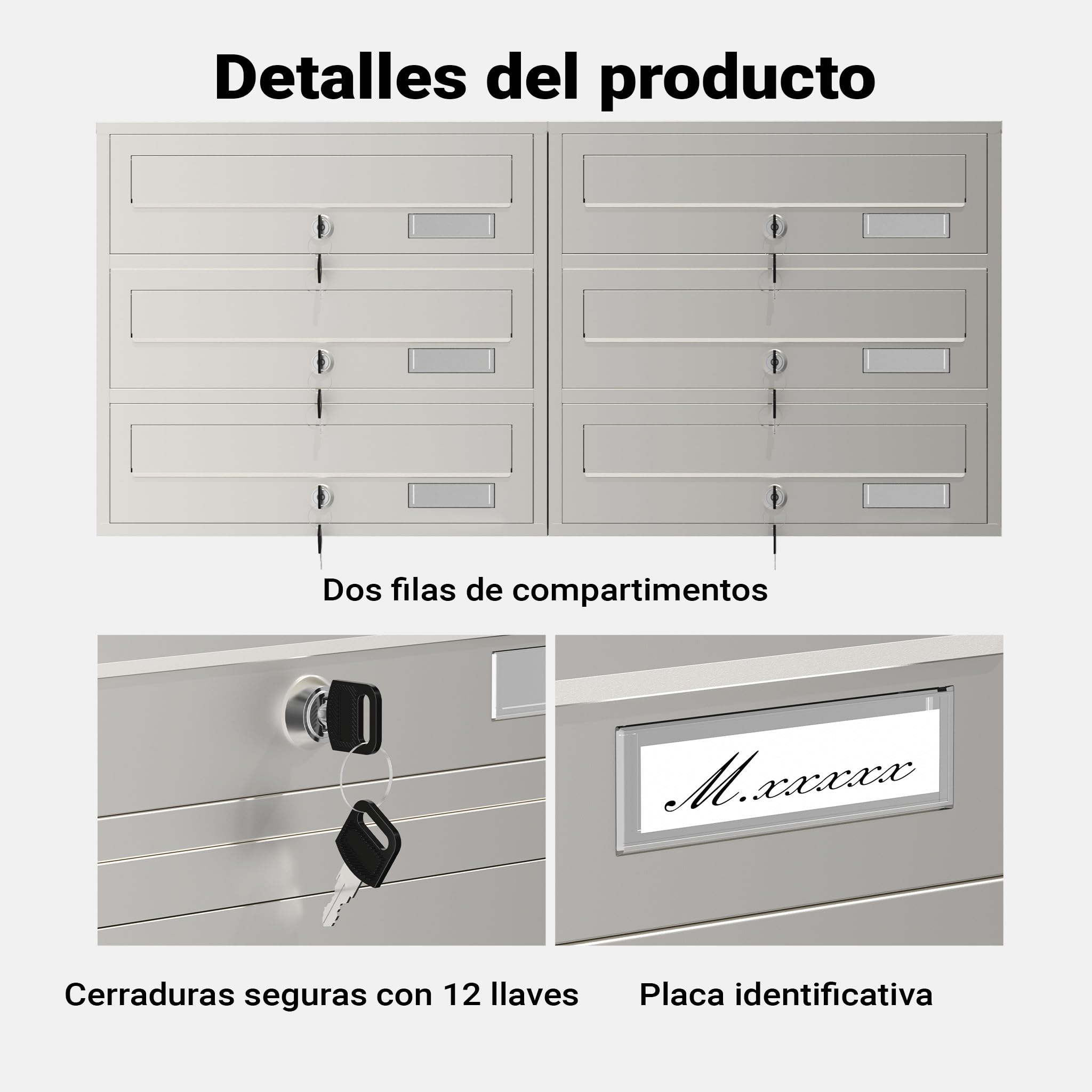 Wiltec Sistema de 6 buzones Acero Inoxidable Resistente a la Intemperie con cerraduras de Cilindro y Llaves instalación Independiente Espacio Amplio para Cartas y Paquetes pequeños