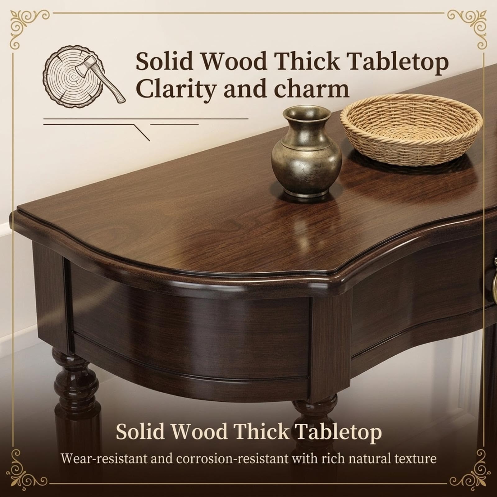 Console vintage en bois massif avec tiroir, table étroite en demi-lune