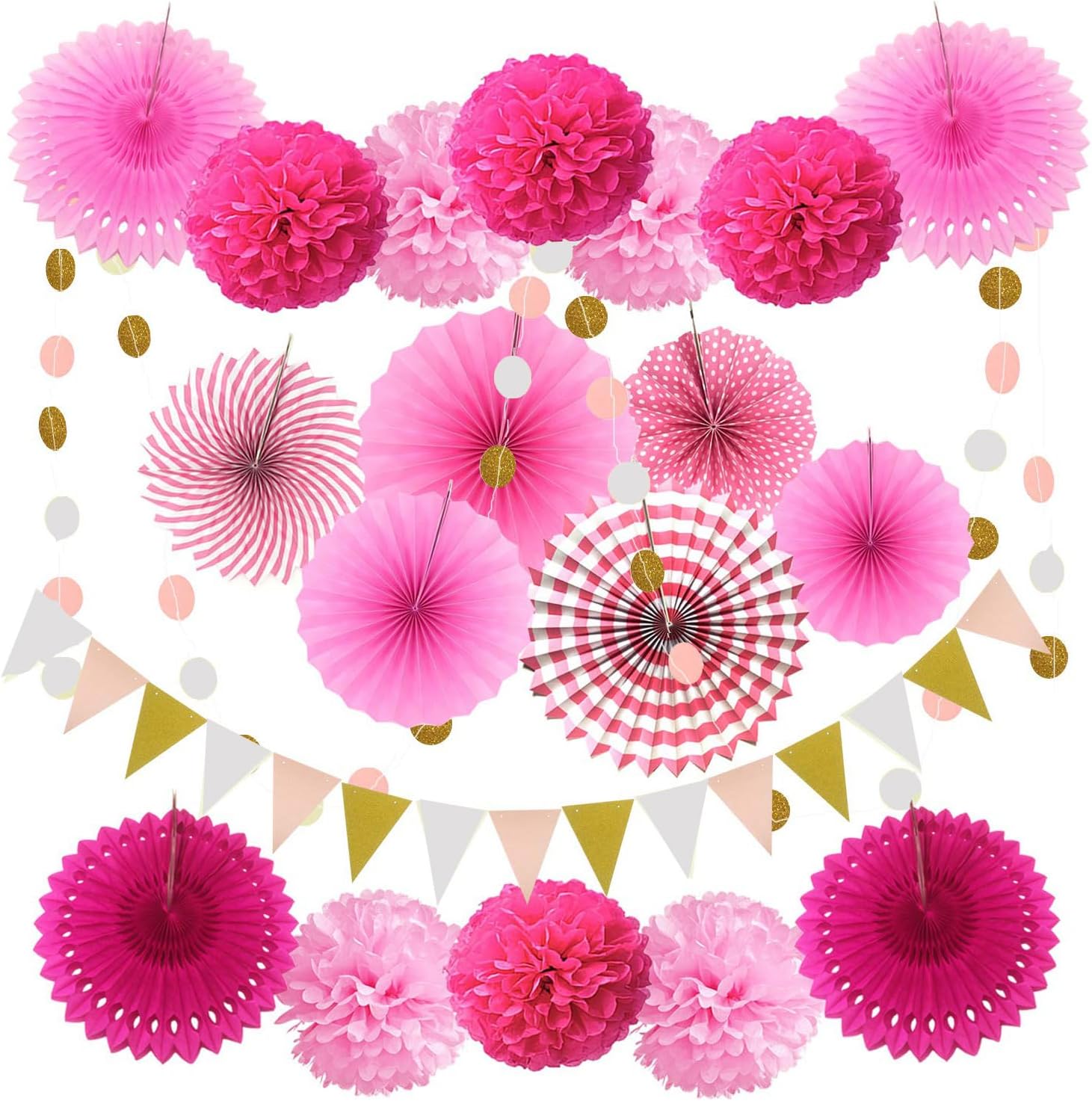 – Pink Party Decoration, Pink Hanging Paper Fans, Pom Poms Flowers, Garlands String Polka Dot and Triangle Bunting Flags for Wedding Birthday Graduation Christmas Party Decorations 20 Pcs